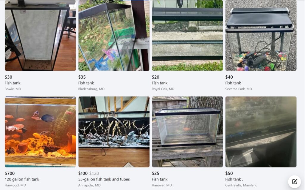 Screenshot of used aquariums on Facebook Marketplace.